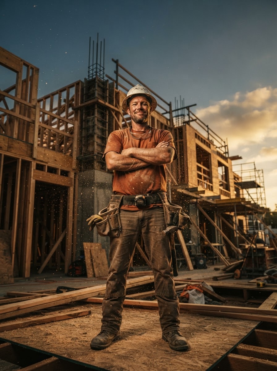 Construction worker in a burnt-orange heavyweight t-shirt on a job site at golden hour