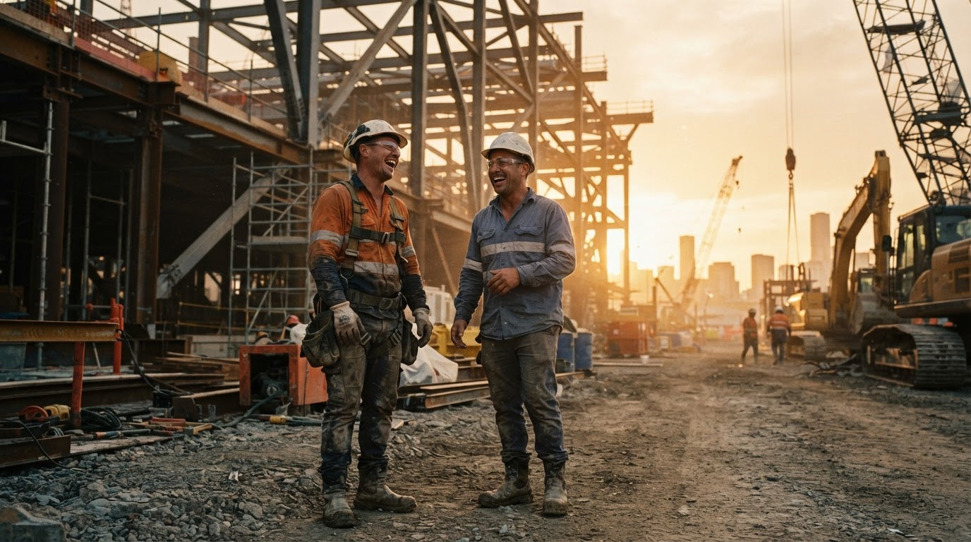Two construction workers laughing on a job site at golden hour